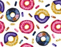 Watercolor seamless Pattern of cosmic donuts coated with glaze on the white background