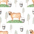 Watercolor Seamless pattern with cows,trees,grass and bucket. Vintage background with farm animal life