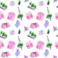 Watercolor seamless pattern with cozy home elements Royalty Free Stock Photo