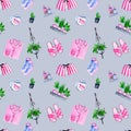 Watercolor seamless pattern with cozy home elements Royalty Free Stock Photo