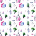 Watercolor seamless pattern with cozy home elements Royalty Free Stock Photo