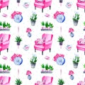 Watercolor seamless pattern with cozy home elements Royalty Free Stock Photo