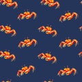 Watercolor seamless pattern with crabs, hand-drawn background.