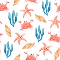 Watercolor seamless pattern with crabs, seashells and starfish illustration. Royalty Free Stock Photo