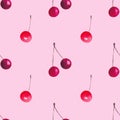 Watercolor Seamless Pattern with Crimson and Red Cherries on a Pink Background Royalty Free Stock Photo