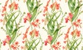 Watercolor seamless pattern. Crocosmia flowers in bloom. Classical vintage floral design on beige background. Botanical