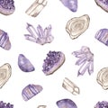 Watercolor seamless pattern with crown chakra healing crystals amethyst, choroite, rock crystal, agate Royalty Free Stock Photo