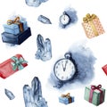 Watercolor seamless pattern with crystal of ice, vintage clock and gift boxes. Watercolor blue gem and pocket watch