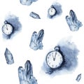 Watercolor seamless pattern with crystal of ice and vintage clock. Watercolor blue gem and pocket watch isolated on