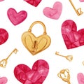 Watercolor seamless pattern with crystal red hearts, golden locks, keys on white background Royalty Free Stock Photo