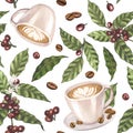 Watercolor seamless pattern cup of coffee arabica, beans and branch with berries. Hand-drawn illustration isolated on Royalty Free Stock Photo