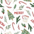 Watercolor seamless pattern with cup fir christmas tree berries candy