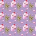 Watercolor seamless pattern. Cupcakes with cherries and hearts