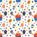 Watercolor seamless pattern with cupcakes and Easter eggs.