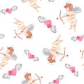 Watercolor seamless pattern with cupid and red flying hearts with wings on white background