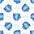 Watercolor seamless pattern with cups. Seamless pattern with mug on the white background, aquarelle. Vector illustration. Royalty Free Stock Photo