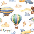 Watercolor seamless pattern with cute airplanes, helicopters, airship, balloon.