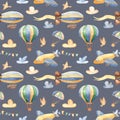 Watercolor seamless pattern with cute airplanes, helicopters, airship, balloon.