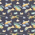 Watercolor seamless pattern with cute airplanes, helicopters, airship, balloon.