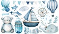 Watercolor seamless pattern with cute animals, clouds, sailboat, whale, ship, penguin, penguin, whale.