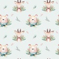 Watercolor seamless pattern with cute baby bear and deer cartoon animal portrait design. Winter holiday card on white Royalty Free Stock Photo