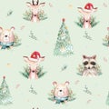 Watercolor seamless pattern with cute baby bear, raccoon and deer cartoon animal portrait design. Winter holiday card on