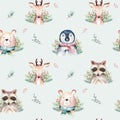 Watercolor seamless pattern with cute baby bear, raccoon, penguin and deer cartoon animal portrait design. Winter