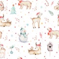 Watercolor seamless pattern with cute baby bear, snowman, bird and deer cartoon animal portrait design. Winter holiday