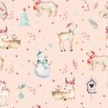 Watercolor seamless pattern with cute baby bear, snowman, bird and deer cartoon animal portrait design. Winter holiday Royalty Free Stock Photo