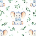 Watercolor seamless pattern with cute baby boy toddler elephant