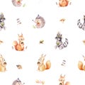 Watercolor seamless pattern of cute baby cartoon hedgehog, squirrel and moose animal for nursary, woodland forest Royalty Free Stock Photo
