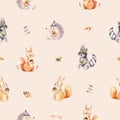 Watercolor seamless pattern of cute baby cartoon hedgehog, squirrel and moose animal for nursary, woodland forest Royalty Free Stock Photo