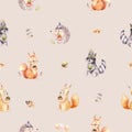 Watercolor seamless pattern of cute baby cartoon hedgehog, squirrel and moose animal for nursary, woodland forest Royalty Free Stock Photo