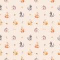 Watercolor seamless pattern of cute baby cartoon hedgehog, squirrel and moose animal for nursary, woodland forest Royalty Free Stock Photo