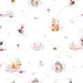 Watercolor seamless pattern of cute baby cartoon hedgehog, squirrel and moose animal for nursary, woodland forest Royalty Free Stock Photo
