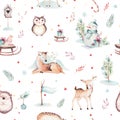 Watercolor seamless pattern with cute baby deer, snowman, bunny and deer cartoon animal portrait design. Winter holiday