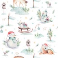 Watercolor seamless pattern with cute baby deer, snowman, bunny and deer cartoon animal portrait design. Winter holiday