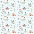 Watercolor seamless pattern with cute baby deer, snowman, bunny and deer cartoon animal portrait design. Winter holiday Royalty Free Stock Photo