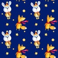 Watercolor seamless pattern with cute bunny, funny fox, stars, balls, hand drawn sketch, Christmas illustration Royalty Free Stock Photo