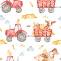 Watercolor seamless pattern with cute farm, tractor, hay, wind pump