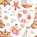 Watercolor seamless pattern with cute cartoon childrens beacon, whale, anchor, steering wheel.