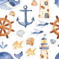 Watercolor seamless pattern with cute cartoon childrens beacon, whale, anchor, steering wheel.