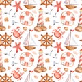 Watercolor seamless pattern with cute cartoon childrens beacon, whale, anchor, steering wheel.