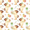 Watercolor seamless pattern with cute cartoon dog, flowers, sweets, gifts.