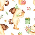 Watercolor seamless pattern with cute cartoon dog, flowers, sweets, gifts.