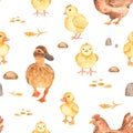 Watercolor seamless pattern with cute farm, tractor, hay, wind pump