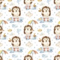 Watercolor seamless pattern with a cute cartoon of hedgehogs in a puddle with an umbrella.