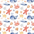 Watercolor seamless pattern with cute cartoon kids underwater creatures.