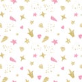 Watercolor seamless pattern with cute cartoon romantic golden unicorn, flowers, diamond, horn.