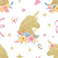 Watercolor seamless pattern with cute cartoon romantic golden unicorn, flowers, diamond, horn. Royalty Free Stock Photo